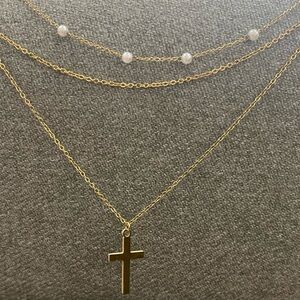 Gold Layered Cross Necklace with Pearl Accent